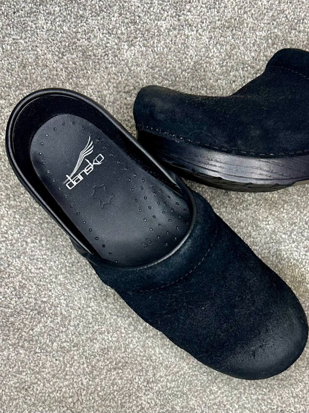 Dansko black suede clogs